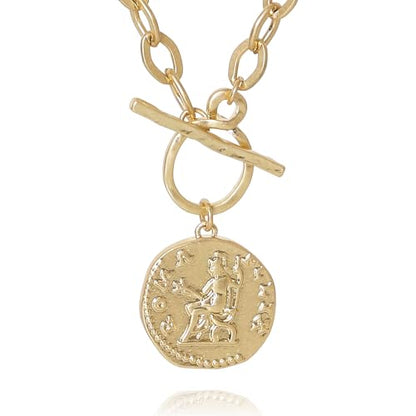 MISS SECRET Chunky Gold Necklaces for Women Coin Statement Necklace Antique Silver and Gold Chain Thick Toggle Pendant Trendy Fashion Jewelry - style: Worn Gold-M