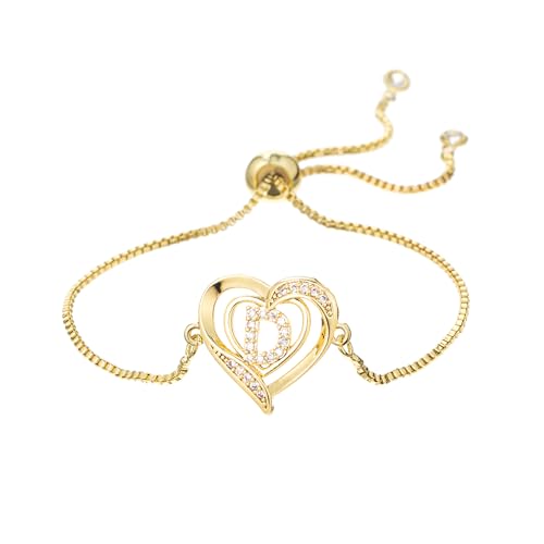 14K White Gold Plated Initial Heart Bracelet for Women Zircon Inlay Heart Initial Charm Bracelets Adjustable Minimalist Jewelry - color: D-gold