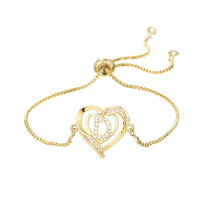 14K White Gold Plated Initial Heart Bracelet for Women Zircon Inlay Heart Initial Charm Bracelets Adjustable Minimalist Jewelry - color: D-gold