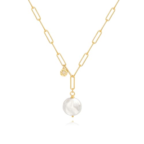 18k Gold Plated Chain Link Necklace for Women, Baroque Pearl/Compass Pendant Necklace - color: Coin Pearl