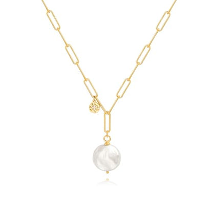 18k Gold Plated Chain Link Necklace for Women, Baroque Pearl/Compass Pendant Necklace - color: Coin Pearl