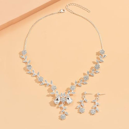 Wedding Jewelry Sets for Brides Rhinestone Necklace and Earring Set Bracelet Ring Gold Silver Prom Jewelry Sets Diamond Flower Teardrop Necklace for Women - color: Style4-Flower-2pcs