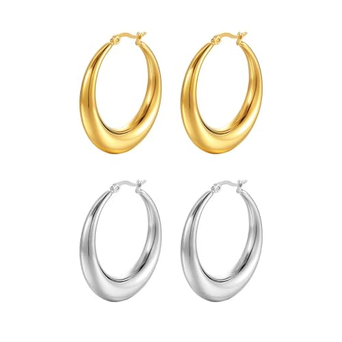 2 Pairs Gold/Silver Hoop Earrings For Women Set Trendy,14K Plated Gold Chunky Huggie Hoop Earings Pack,Oval Twisted Statement Silver Hoops,Fashion Jewelry Gift - color: 6) chunky hoop