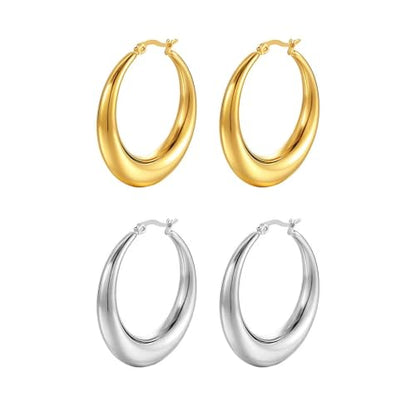 2 Pairs Gold/Silver Hoop Earrings For Women Set Trendy,14K Plated Gold Chunky Huggie Hoop Earings Pack,Oval Twisted Statement Silver Hoops,Fashion Jewelry Gift - color: 6) chunky hoop