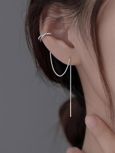 Long Chain Cuff Earrings Gold Silver Wrap Tassel Earrings Minimalist Cz Round Stud With Chain Cuff Double Piercing Jewelry Statement Fake Earrings for Women - color: style1-silver-1pcs