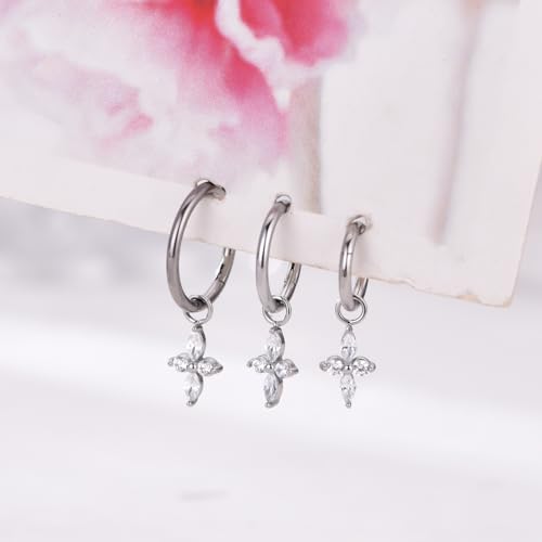 Ourania 16G Gold Stainless Steel Zircon Dangle Huggie Hoop Rook Piercing Helix Hoop Earring Tragus Hoop Cartilage Piercing for Women - color: Flower Silver 2PCS, size: 1.2*10mm 2pcs