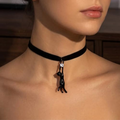 Punk Black Velvet Cat Pendant Necklace Cute Crystal Kitty Cat Choker | Rhinestone Kitten Statement Collar Neckband Y2k Kawaii Black Animal Clavie Necklace Adjustable Victorian Velvet Lace Jewelry