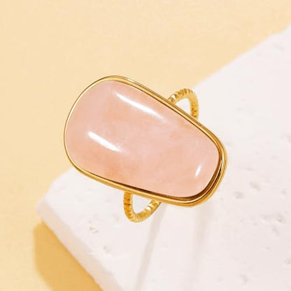 OIDIMS Gemstone Statement Ring for Women Gold-Tone Stainless Steel Natural Stone Rose Quartz Aventurine Turquoise Adjustable Open Band Stacking Finger Rings Boho Cocktail Wedding Party Jewelry - color: Pink