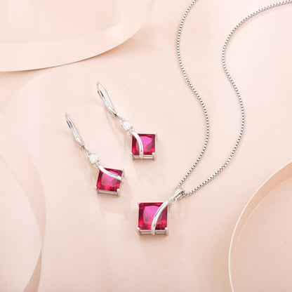 Square Princess Cut Necklace 925 Sterling Silver Solitaire Pendant Necklace Birthstone Jewelry Gifts for Women - color: 07 July - Ruby