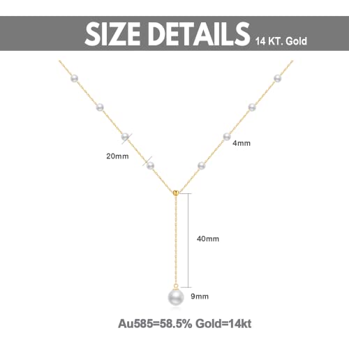 14K Real Gold Pearl Lariat Necklace for Women, Drop Y-Shaped Necklace with Pearl Prom Necklace Birthday Gifts for Wife Mom Her 16+2 inch(4mm, 9mm)