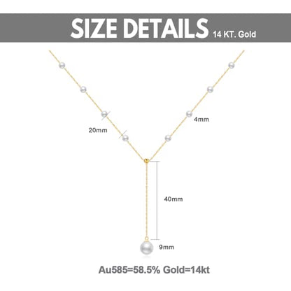 14K Real Gold Pearl Lariat Necklace for Women, Drop Y-Shaped Necklace with Pearl Prom Necklace Birthday Gifts for Wife Mom Her 16+2 inch(4mm, 9mm)