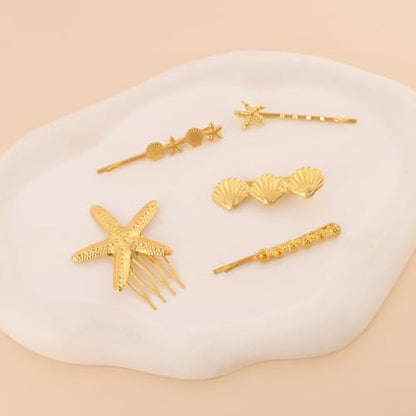 Wecoe Gold Starfish & Seashell Metal Hair Clips Side Comb Set Fancy Decorative Bobby Pins – Beach Wedding Hair Accessories for Women