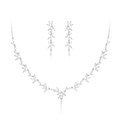 EVER FAITH Cubic Zirconia Pearl Leaf Vine Wedding Jewelry Set for Bride | Crystal Filigree Bridal Necklace Earrings, for Women Bridesmaid - color: 2pcs_White Silver-Tone
