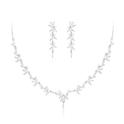 EVER FAITH Cubic Zirconia Pearl Leaf Vine Wedding Jewelry Set for Bride | Crystal Filigree Bridal Necklace Earrings, for Women Bridesmaid - color: 2pcs_White Silver-Tone