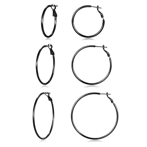 DAILY VIBES Simple Big Thin Hoop Earrings for Women Trendy, 3 Pairs | 925 Sterling Silver Post Large Hoops, 14K Gold or Silver Plated Loop, Hypoallergenic Hoop Earrings Set - color: Black, size: 30-40-50mm