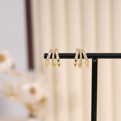 Gold Earrings for Women, Dainty Triple Huggie Earrings 14K Gold Plated Small Hoop Earrings for Women Trendy Cute Hypoallergenic Stud Earrings Unique Double Hoops Waterproof Womens Jewelry Gifts - color: gold plated-B