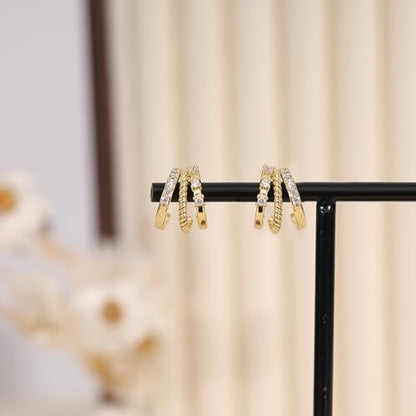 Gold Earrings for Women, Dainty Triple Huggie Earrings 14K Gold Plated Small Hoop Earrings for Women Trendy Cute Hypoallergenic Stud Earrings Unique Double Hoops Waterproof Womens Jewelry Gifts - color: gold plated-B