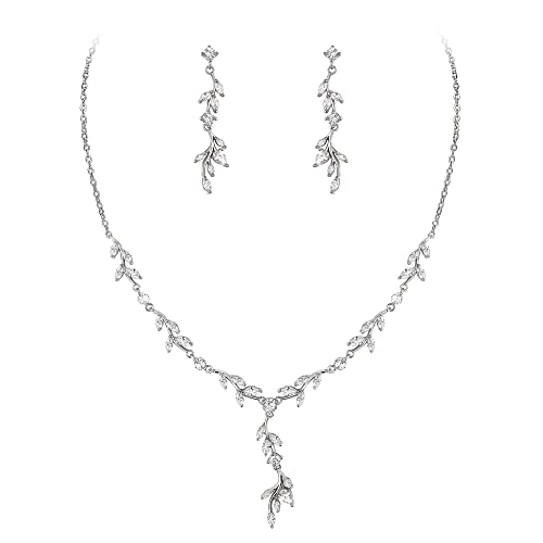 Crysdue Women's Wedding Bridal Jewelry Set for Brides Bridesmaids Cubic Zirconia Flower Leaf Vine Necklace Dangle Earrings for Prom Party - style: 4-silver