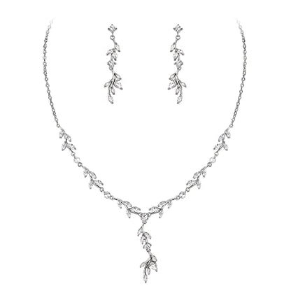 Crysdue Women's Wedding Bridal Jewelry Set for Brides Bridesmaids Cubic Zirconia Flower Leaf Vine Necklace Dangle Earrings for Prom Party - style: 4-silver
