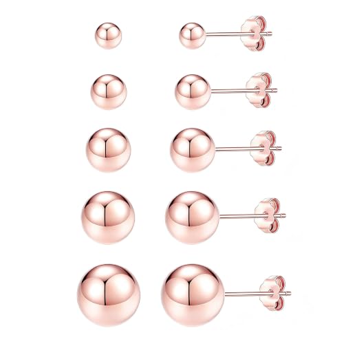 ToHeart 5 Pairs 14K Gold Silver Ball Stud Earrings for Women Studs Set | 3-7MM Studs Hypoallergenic Lightweight Small Ball Earrings Multiple Piercing Earrings Set - color: rose gold
