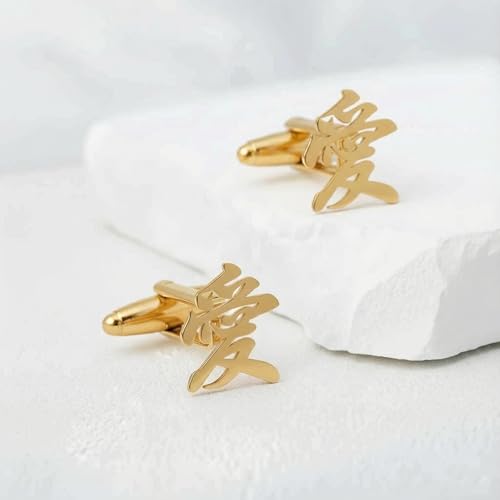 Men’s Chinese Love Symbol Cufflinks – Stainless Steel Cultural-Themed Cuff Links with Gift Box & Polishing Cloth – Available in Silver & Gold - color: golden