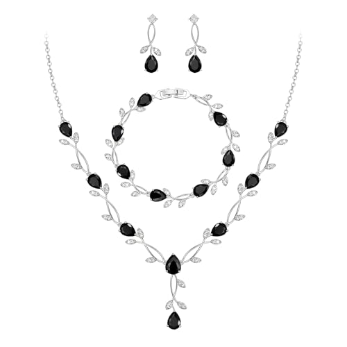 EVER FAITH Cubic Zirconia Pearl Leaf Bridal Jewelry Set for Bride Women | White Wedding Prom Necklace Dangle Earrings Bracelet, for Bridesmaid - color: CZ_Black Silver-Plated-Brass