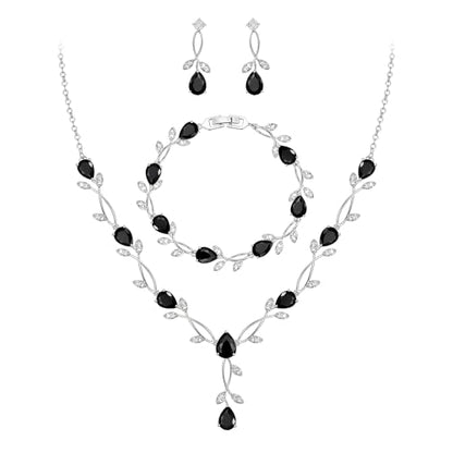 EVER FAITH Cubic Zirconia Pearl Leaf Bridal Jewelry Set for Bride Women | White Wedding Prom Necklace Dangle Earrings Bracelet, for Bridesmaid - color: CZ_Black Silver-Plated-Brass