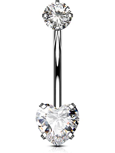 OUFER Titanium Belly Button Rings, Long Belly Piercing Jewelry, Clear CZ Belly Rings, Internally Thread Navel Piercing Jewelry For Women Men - style: Heart CZ