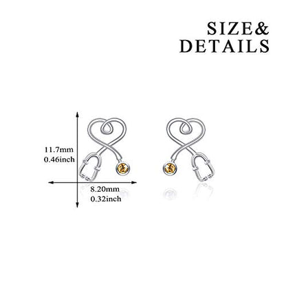 Stethoscope Earrings 925 Sterling Silver Heart Studs Earrings 12 Months Birthstone Crystals from Austria, Graduation Jewelry Gifts for Nurse Doctor RN Medical Student - color: Simulated Topaz 1