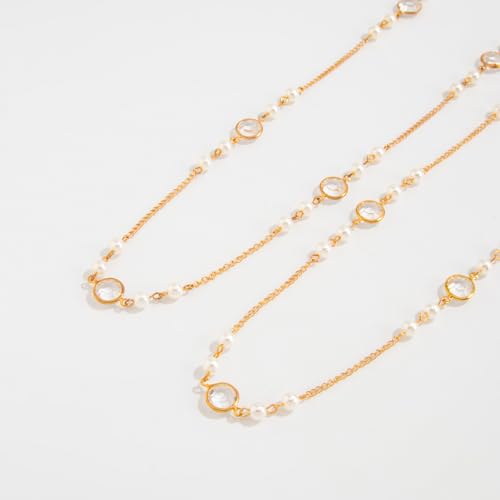 Long Pearl Necklaces for Women Pearl Long Chain Necklace Gold Chain Dainty Delicate Station Necklace Jewelry for Dress Party - color: 2Layer Gold