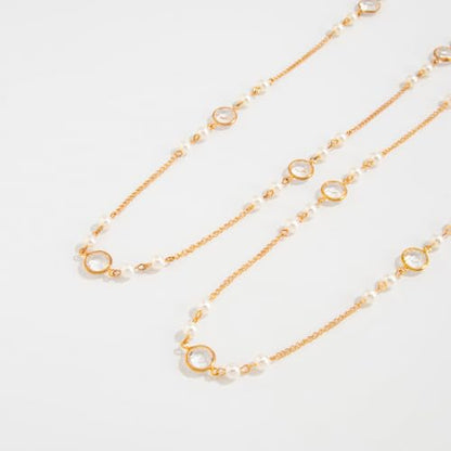 Long Pearl Necklaces for Women Pearl Long Chain Necklace Gold Chain Dainty Delicate Station Necklace Jewelry for Dress Party - color: 2Layer Gold
