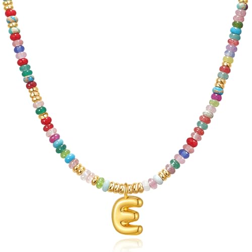 YOUFENG Initial Letter Necklaces for Women Colorful Beaded Gemstone Choker 14K Gold Plated Bubble Letter Pendant Necklace Natural Stone Handmade Jewelry Gift - color: E