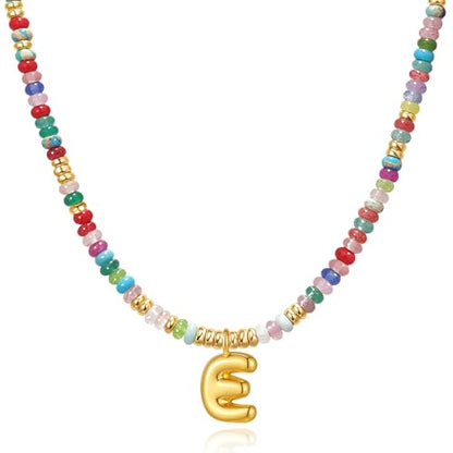 YOUFENG Initial Letter Necklaces for Women Colorful Beaded Gemstone Choker 14K Gold Plated Bubble Letter Pendant Necklace Natural Stone Handmade Jewelry Gift - color: E