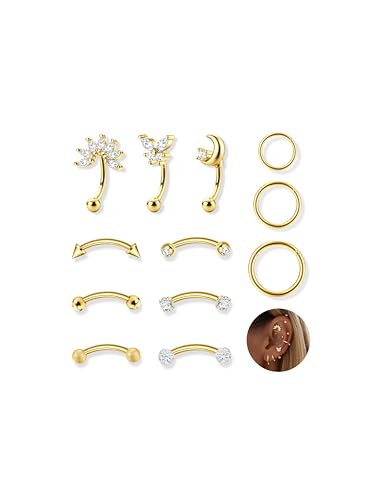 Ubjuliwa 12pcs 16G Rook Piercing Jewelry Eyebrow Rings Stainless Steel Belly Lip Ring Cartilage Hoop Rook Daith Earrings Tragus CZ Body Piercing Curved Barbell