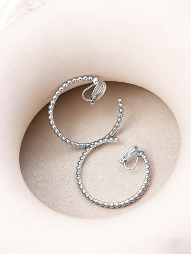 FAN&LOUIS 24K Gold Plated Hoop Clip On Earrings for Women, Gold Beaded Hoop Trendy Hypoallergenic Non Pierced Earrings Painless Lightweight 38mm Clip-On Earrings - style: Silver
