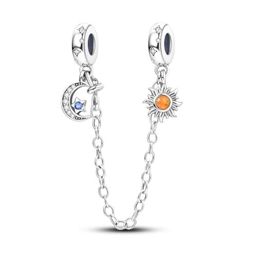 925 Sterling silver Safety Chain Charm for Bracelet Pendants Clip Beads | Infinite Love Butterfly Evil Eye Stopper Spacer dangle Charm for Woman Jewelry Gift - color: Star Moon Sun