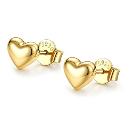 JustBeingCute Heart Stud Earrings 14K Gold Plated 925 Sterling Silver Posts | Dainty Simple Heart Earrings for Women hypoallergenic Chunky Puffy Studs Lightweight with Gift Box（7/10mm） - color: 7mm 14K Gold Stud