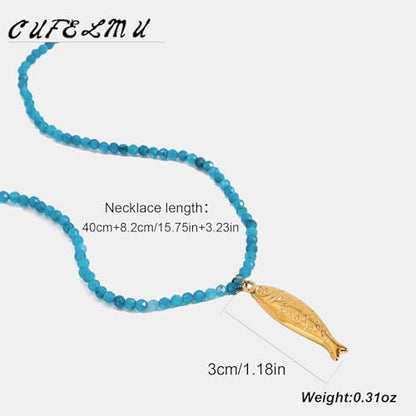 Boho Fish Necklace for Women - Blue Natural Stone Fish Pendant Necklace, Bohemian Beach Jewelry Colourful Jewelry for Summer Vacation - color: Blue