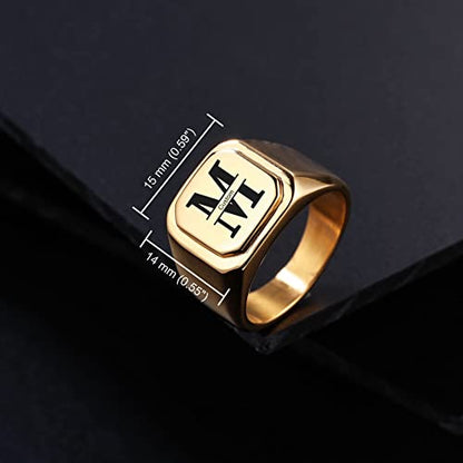 Initial Ring Letter Signet Ring for Men Women Personalized Name Engraved Stainless Steel Fashion Jewelry Wedding Couples Father Day Gift with Ring Size Adjusters - color: C2: Gold (Initial Name)