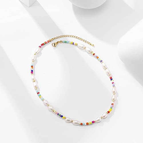 Wellike Freshwater Pearl Beaded Necklace for Women Handmade Boho Colorful Glass Beads Choker Necklace Stainless Steel 18K Gold Plated Bohemian Women Summer Jewelry Gifts - color: KKWX1070