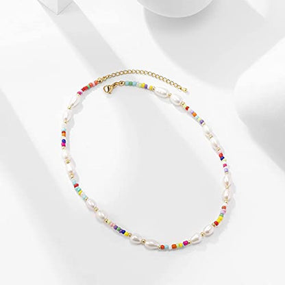 Wellike Freshwater Pearl Beaded Necklace for Women Handmade Boho Colorful Glass Beads Choker Necklace Stainless Steel 18K Gold Plated Bohemian Women Summer Jewelry Gifts - color: KKWX1070