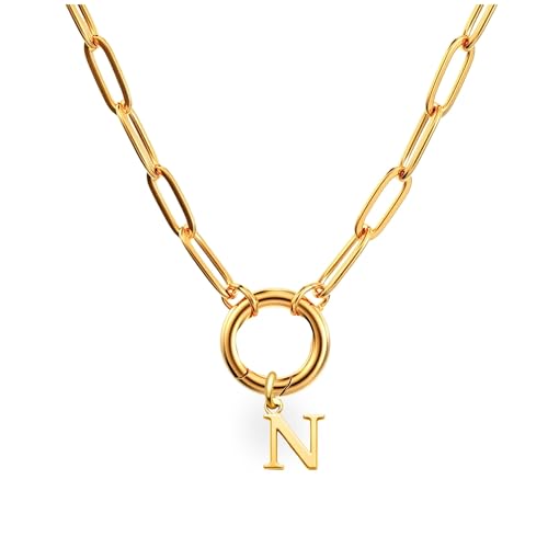 Paperclip Chain Carabiner Initial Charm Holder Necklace by Ginger Lyne | 18K Gold-Plated or Silver Tone Paperclip Chain with Carabiner Charm Holder, Adjustable 18-20 Inch, A-Z Initial Pendant - color: Gold-N