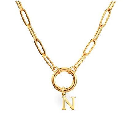 Paperclip Chain Carabiner Initial Charm Holder Necklace by Ginger Lyne | 18K Gold-Plated or Silver Tone Paperclip Chain with Carabiner Charm Holder, Adjustable 18-20 Inch, A-Z Initial Pendant - color: Gold-N