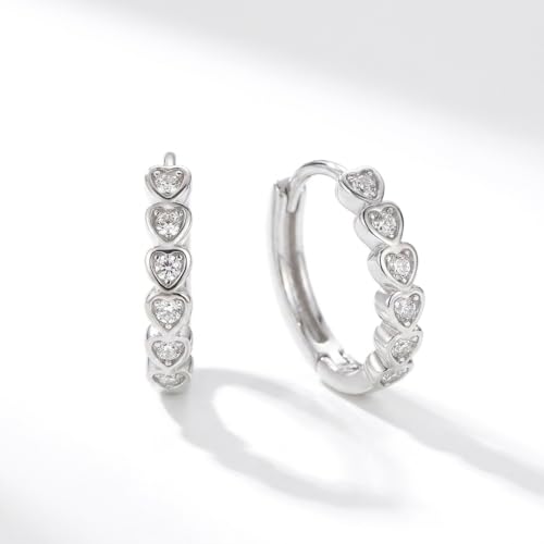 Women's 925 Sterling Silver Earrings -14mm, Exquisite White Heart Hoop Earrings With Sparkling Cubic Zirconia, Lightweight Hypoallergenic, Fashion Cute Jewelry Gift, Daily And Party Wear - color: Silver