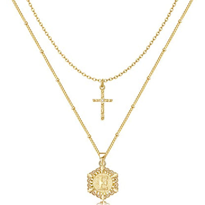 KELORIS PATH Gold Layered Initial Cross Necklace, 14K Gold Plated Layering Square Letter Pendant Figaro Chain Cross Choker from A-Z Capital Jewelry for Women Girls | 14K Gold Plated Square/Hexagon Letter Pendant with Figaro Chain, Stackable Jewelry Gifts,