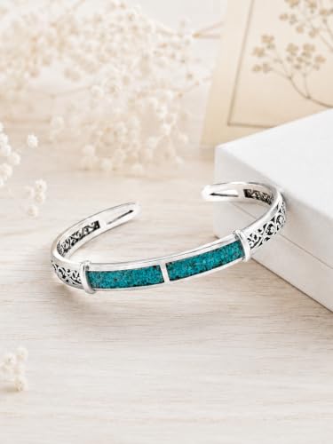 Native American Genuine Turquoise Cuff Bracelet for Women, 925 Sterling Silver Turquoise Boho Bangle, Adjustable Open Cuff Fits 6-7.5 Inches - style: Crushed Turquoise