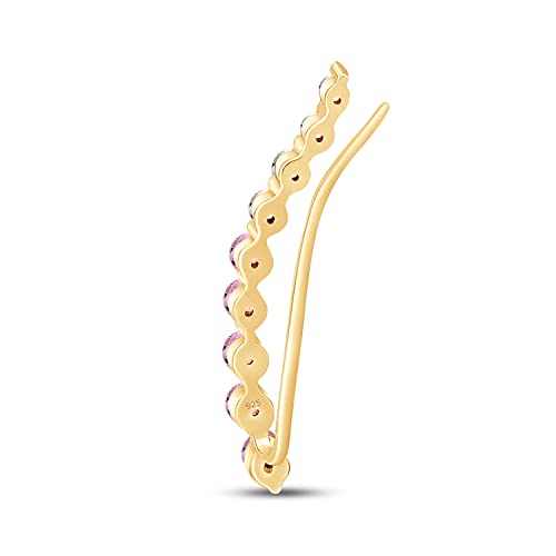 Floating Curved Bar One Piece Left Ear Crawler Earrings With Birthstone | White CZ In 14K Yellow Gold Over Sterling Silver - color: Simulated Tourmaline