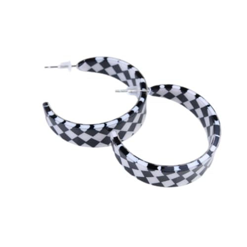 Checkerboard Hoop Earrings Lightweight 70s 80s 90s Transparent Black White Circle Acrylic Geometric Striped Checkered Dangle Drop Earrings Retro Simple Colorful C shaped Earrings for Women - color: black