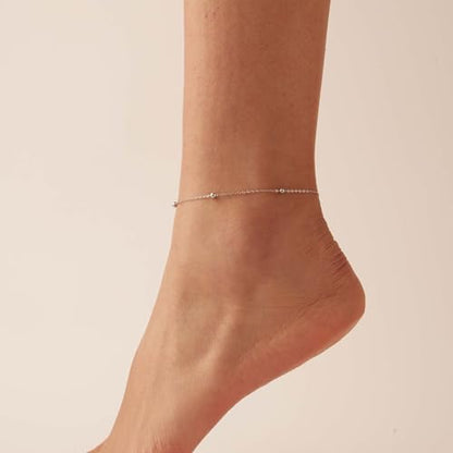 Dainty Ankle Bracelets for Women 18K Gold Plated Waterproof | Satellite Beaded Herringbone Lip Chain Anklets Simple Minimalist Summer Beach Foot Jewelry, Gift Box Included - color: Bead Chain -White Gold