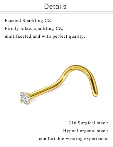 Nose Studs Surgical Steel Nose Rings Studs with Cubic Zirconia 10Pcs Tiny Nostril Rings for Women Screw Bone and L-Shaped Nostril Piercing Jewelry 24G 22G 20G 18G - color: goldtone,screw nose studs, size: 18g,1.5mm Clear CZ